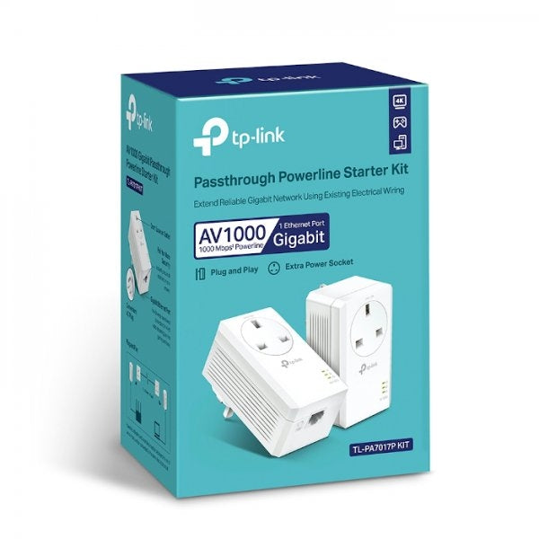 TP-Link TL-PA7017P KIT AV1000 1-Port Gigabit Passthrough Powerline Starter Kit - 2 Unit Pack