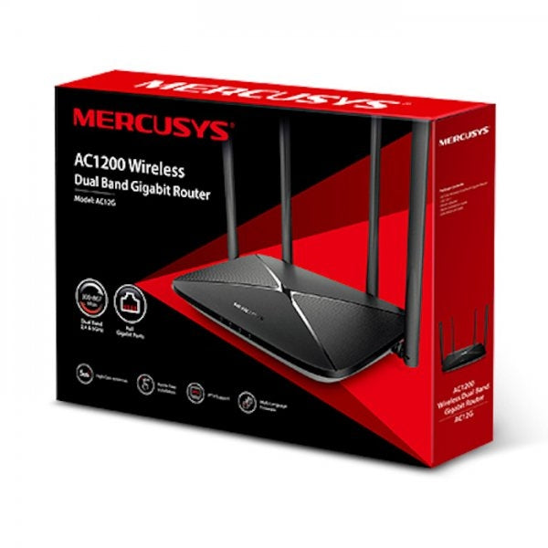 Mercusys AC12G AC1200 Dual Band Wireless Router,  867Mbps at 5GHz + 300Mbps at 2.4GHz, 1 Gigabit WAN + 3 Gigabit LAN, 4 fixed antennas
