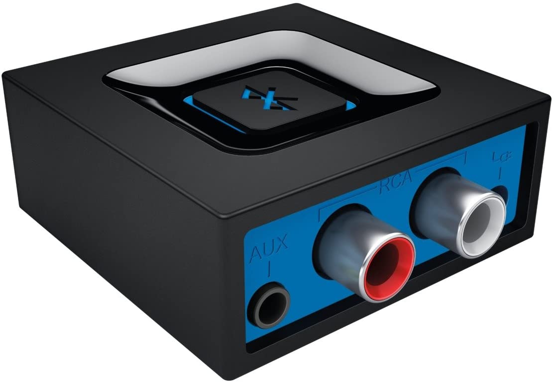 Logitech Wireless Bluetooth Audio Receiver, Bluetooth Adapter for PC/Mac/Smartphone/Tablet/AV Receiver, 3.5mm Audio and RCA Outputs to Speakers, One-Push Pairing Button, UK Plug - Black/Blue